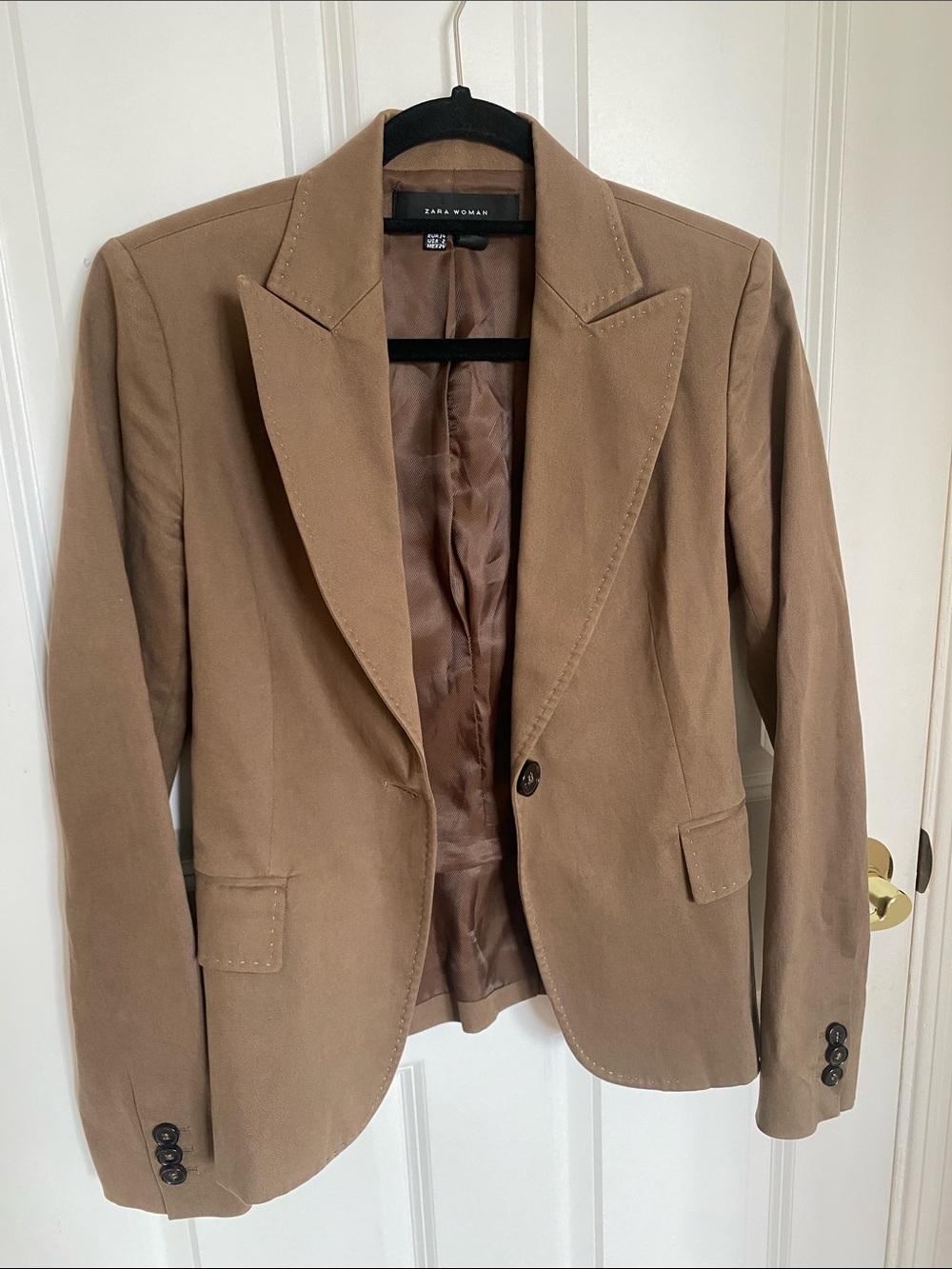 Zara Woman Light Brown Single-Button Blazer with White Stitching Size 2